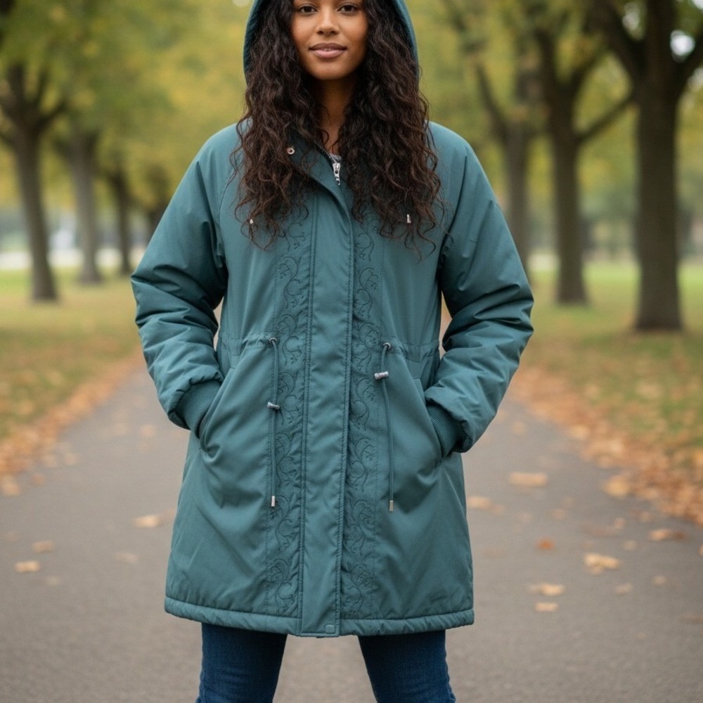 Croft & Barrow Womens M Dk Green Embroidered‎ Removable Hooded Parka Gorpcore